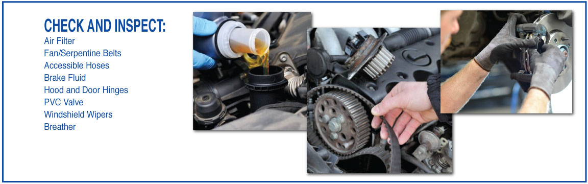 CHECK AND INSPECT: Air Filter Fan/Serpentine Belts Accessible Hoses Brake Fluid Hood and Door Hinges PVC Valve Windshield Wipers Breather